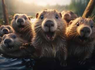 A group of beavers looking at the camera - obrazy, fototapety, plakaty