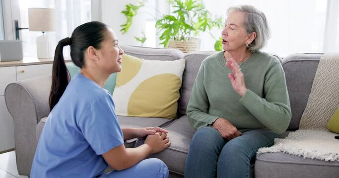 Healthcare nurse, senior woman and retirement consultation in nursing home for medical wellness and hospital support on sofa. Doctor, patient and caregiver with happiness and conversation on couch