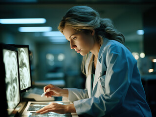 Dedicated Young Female Neurologist Deep in Thought While Analyzing Brain Scans