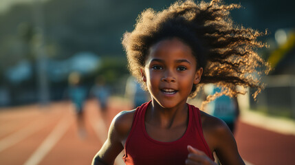 A determined young athlete training rigorously at the track, her focused expression showcasing her dedication to her sport
