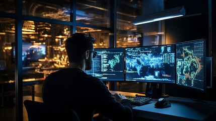 A skilled young IT specialist coding complex software solutions in a high-tech office, with multiple computer screens aglow