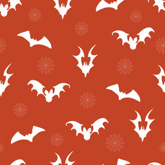 
Seamless pattern of silhouettes of bats with cobwebs on an orange background. Halloween seamless pattern. Cute autumn design. Scary holiday horror sketch. Magic print for Halloween