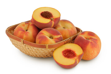 Ripe peach fruit with half in a wicker basket isolated on white background with full depth of field