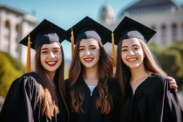 College graduation photo, beautiful student girls wearing traditional regalia.