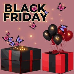 Black friday with red and black balloon and butterfiy design.