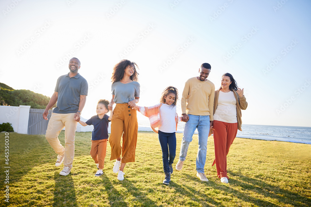 Canvas Prints Nature, kids walking and happy family holding hands, bonding and connect on outdoor holiday, travel and love. Summer sunshine, flare and relax children, mom and dad support, care and journey on grass