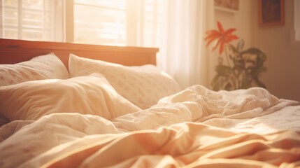 Fototapeta premium An unmade bed with disheveled white sheets and pillows