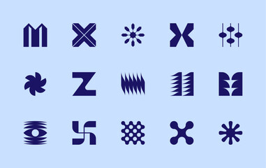 Vector set of different geometric shapes and symbols. Brutalist design icons and signs. Modernist logos.