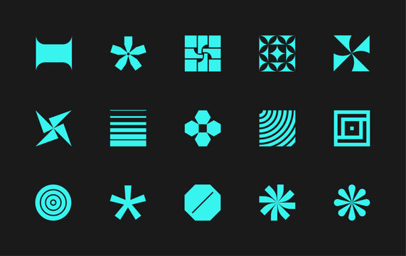 Vector set of different geometric shapes and symbols. Brutalist design icons and signs. Modernist logos.