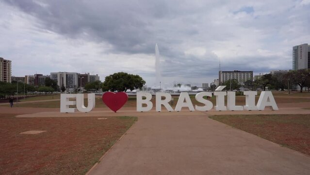 "Eu amo Brasilia" written in the city center of Brasilia capital of Brazil