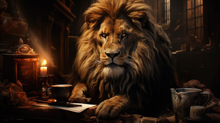 a portrait of a lion sitting in the office