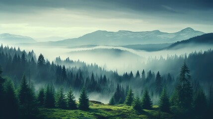 Fototapeta premium Cool toned misty valley overgrown with pine trees