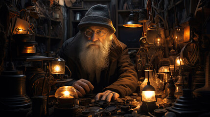 an old man with a cap and a beard in a dark room full of candles