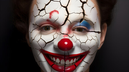 Girl with a fake smile under a cracking clown facade - obrazy, fototapety, plakaty