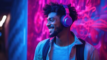 Modern and cool american man listening music on headphones with smiley and happy attitude on trendy color background