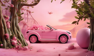 A pink car toy positioned in a setting that complements its playful nature
