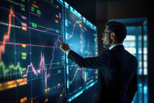 businessman, pointing, screen, trading data, analysis, financial, charts, graphs, statistics, investment, stock market, information, presentation, communication, strategy, decision-maki