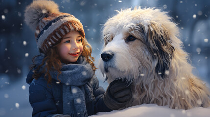 a child in a cap with a dog in winter