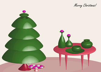 Christmas home scene illustration - Christmas tree and decorative vases - interior home scene