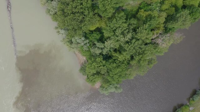 Aerial view of Morava and Danube rivers near Devin Castle near Bratislava, Slovakia on the border with Austria