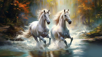 Obraz na płótnie Canvas cavalos branso correndo sobre as águas 