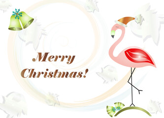merry Christmas card with flamingo cartoon illustration