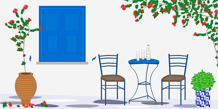illustration with traditional greek yard - blue window, bougainvillea flower, table with chair, tenekes with basil plant, ouzo drink