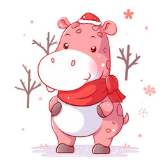Naklejka premium Cute Hippopotamus Christmas Clipart Illustration