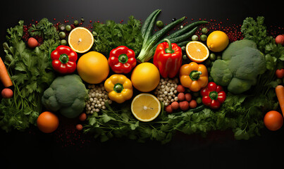 Various fresh organic vegetables on a dark bakground.