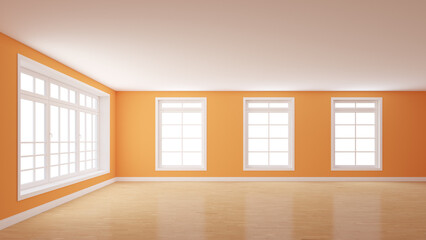 Empty Room with Orange Plastered Walls, a Large Window on the Left and Three Windows on the Center. White Plinth and a Light Parquet Floor. Mockup Interior. 3D rendering, 8K Ultra HD, 7680x4320