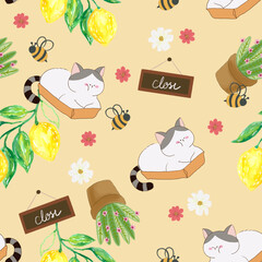 Cat and Cafe seamless pattern sweet bakery blossom botanical digital clipart