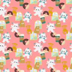 Cat and Cafe seamless pattern sweet bakery blossom botanical digital clipart