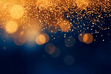 abstract background with Dark blue and gold particle. Christmas Golden light shine particles bokeh on navy blue background. Gold foil texture. Holiday concept.