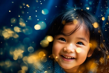 Fototapeta na wymiar Happy kids with golden bokeh light particles. Holiday concept.