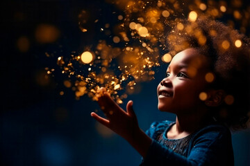 Happy kids with golden bokeh light particles. Holiday concept. - 645354459