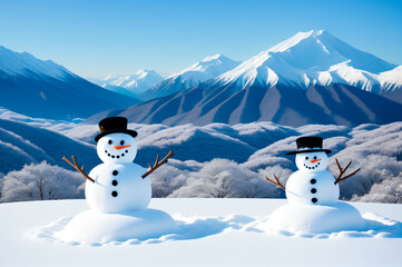 雪原に雪だるまがある冬の風景。画像生成AI。