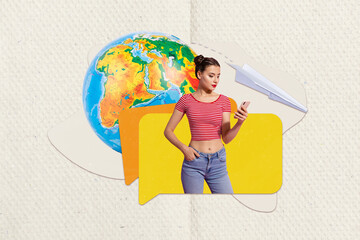 Photo collage of young girl remote free messenger internet device income notifications chatting online abroad isolated on beige background