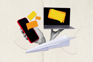Artwork collage picture of two black white colors arms hold netbook smart phone display dialogue...