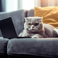 Gray scottish fold cat lying on sofa and looking at laptop