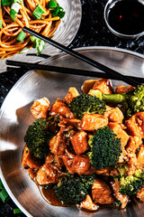 Chinese food with broccoli, fresh vegetable and nudle - 645355210