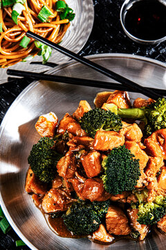 Chinese food with broccoli, fresh vegetable and nudle