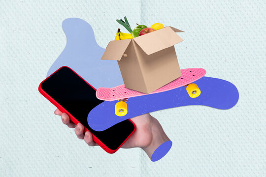 Artwork collage image of arm hold smart phone display screen skateboard deliver carton box fresh fruits vegetables isolated on paper background