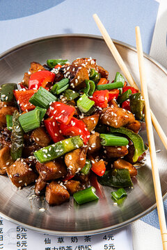 Chinese food with broccoli, fresh vegetable and nudle