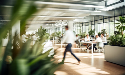Bright business workplace with people in walking in blurred motion in modern office space - obrazy, fototapety, plakaty