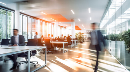 Bright business workplace with people in walking in blurred motion in modern office space - obrazy, fototapety, plakaty