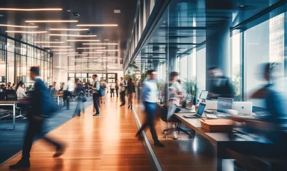 Foto op Plexiglas Bright business workplace with people in walking in blurred motion in modern office space © IBEX.Media