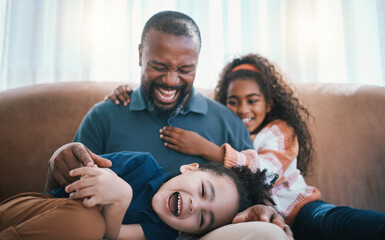 Family, fun and living room with kids, father and love together in a home on a couch. Laughing,...