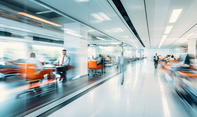 Bright business workplace with people in walking in blurred motion in modern office space