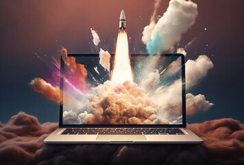 A laptop with a rocket launching from the screen
