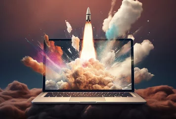 Foto op Canvas A laptop with a rocket launching from the screen © Piotr